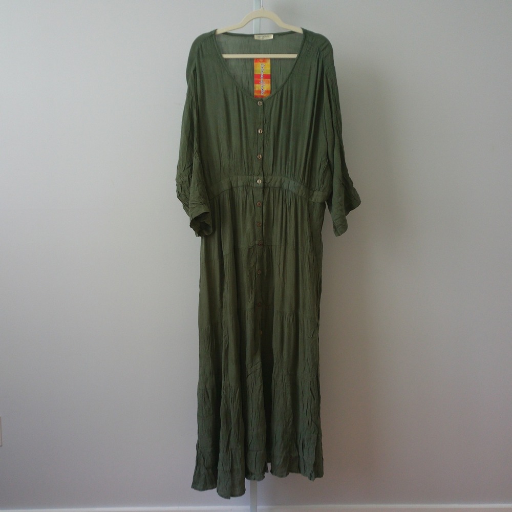 Colours of India Cotton Boho Flowy Relaxed Lagenlook Maxi Dress 1X Green